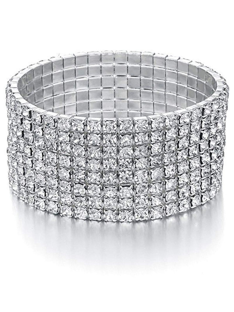 Zealmer Women Clear Rhinestone 8 Row Stretch Bracelet Silver Tone 6.5 inch (small) - Image 1